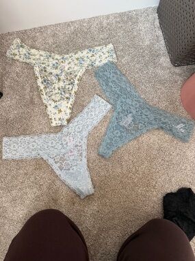Victoria's Secret Bridal Lace Thong Trio - Floral, Light Blue, Pale Gray